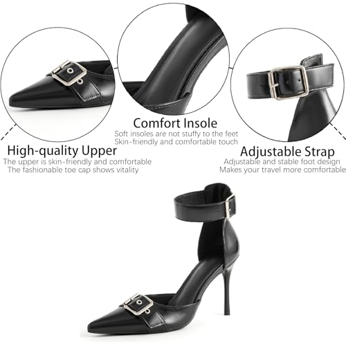Women's Leather Buckle Strap Stiletto Pumps with Adjust Ankle Strap Sexy Closed Pointed Toe Comfortable High Heels Dress Shoes for Wedding Party Office D'Orsay Shoes3