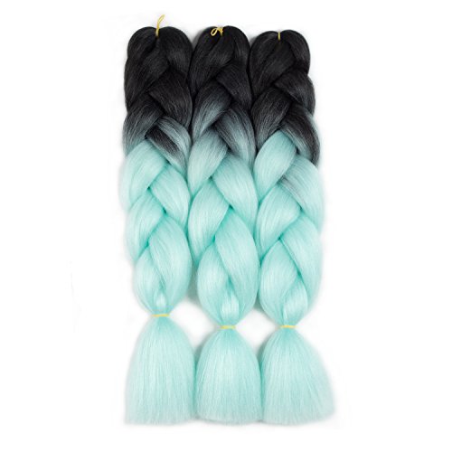 SONNET Synthetic Ombre Jumbo Braiding Hair 3bundles/lot 300g Kanekalon Fiber Hair Extension for Box Twist Braiding with 10pcs Free Decoration Dreadlock Deads(Black/Mint Green)