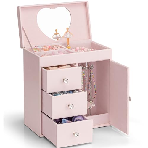 Vlando Musical Jewellery Box for Girls, 4-Tier Kids Music Box with Spinning Ballerina & Mirror, For Birthday, Christmas Gifts (Apricot Pink)