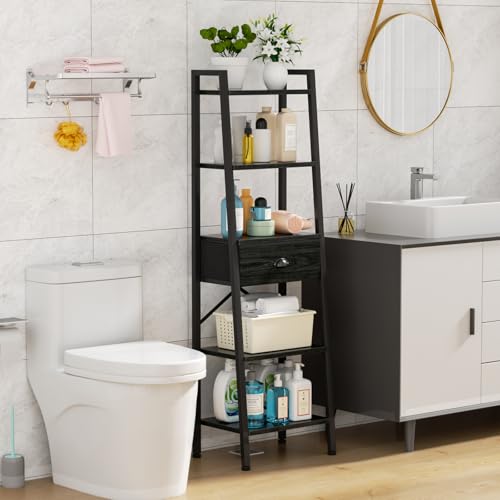 Image of Furologee 5 Tier Bookshelf, Ladder Shelf with Drawer, Tall and Narrow Bookcase, Storage Shelves Organizer,Industrial Display Standing Units for Bathroom,Kitchen,Bedroom,Living Room,Black Oak