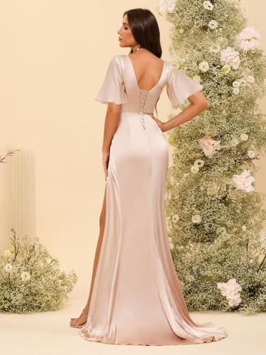 YOFF Short Sleeves Mermaid Bridesmaid Dresses with Slit Pleated Satin V-Neck Maxi Formal Dress YO1602
