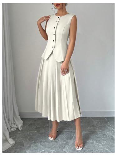 Milumia Women's 2 Piece Outfit Dressy Button Down Sleeveless Blazer Vest and Pleated Long Skirt Set Casual Suit2