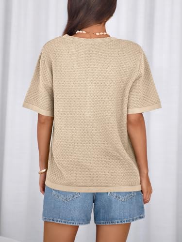 Image of NALANISA Women's Short Sleeve Sweater Spring Summer Crochet Knit Tops 2026 V Neck Striped Button Down Dressy Casual Blouses