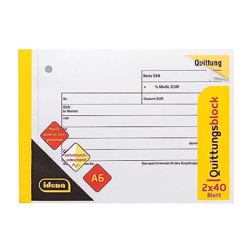 Idena 10849 - Quittungsblock mit Durchschlag, DIN A6, 2 x 40 Blatt, separat ausgewiesene MwSt., selbstdurchschreibend