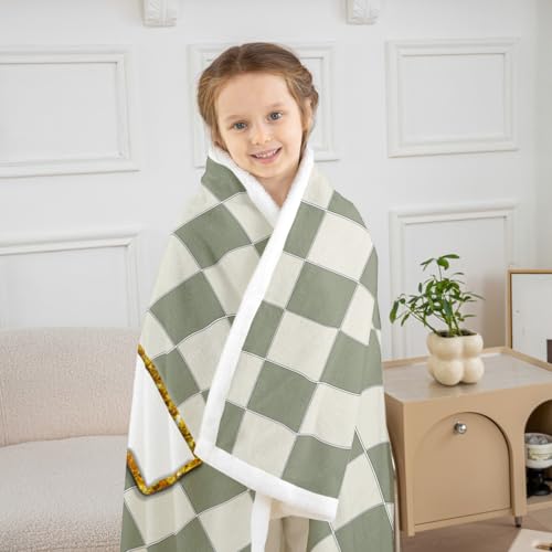 Image of Erosebridal Sage Green Checkered Fleece Blanket Queen 90 inchx90 inch Plaid Initial K Sherpa Blanket Personalized Monogram Fuzzy Plush Throw for Kids Boys Girls,Fashion Grids Gingham Decor for Bed Couch