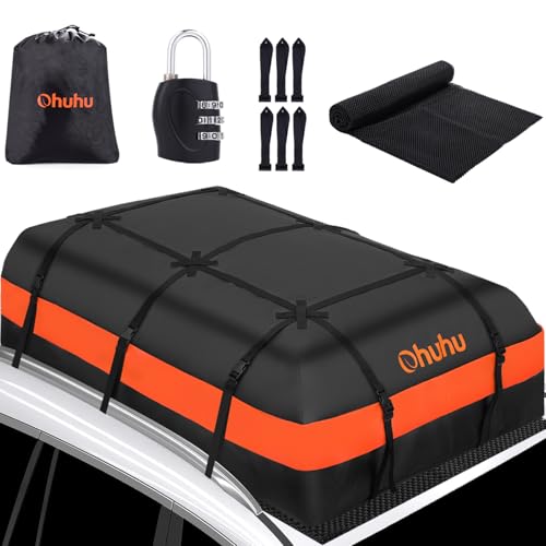 Ohuhu Coffre de Toit 21 Pieds Cubes – Sac de Toit Étanche pour Voiture avec Tapis Anti-Dérapant, Porte-Bagages Souple 840D pour Tous Véhicules avec/sans...