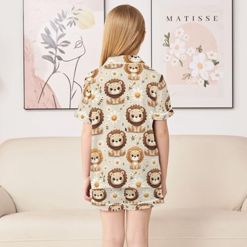 ALAZA Lion Daisy Blossom Floral Pajamas Satin Pajama Set Short Sleeve Button Down Sleepwear4