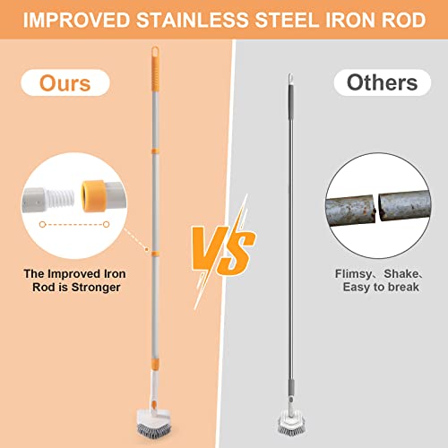 3 In 1 Shower Scrubber Cleaning Brush With 49'' Long Handle, Fuunsoo Tub & Tile Grout Brush Stiff Bristles Lock In Place Scrub Brush Head For Bathroom Kitchen Wall Floor Bathtub Sink Glass - Upgrade #TOP6