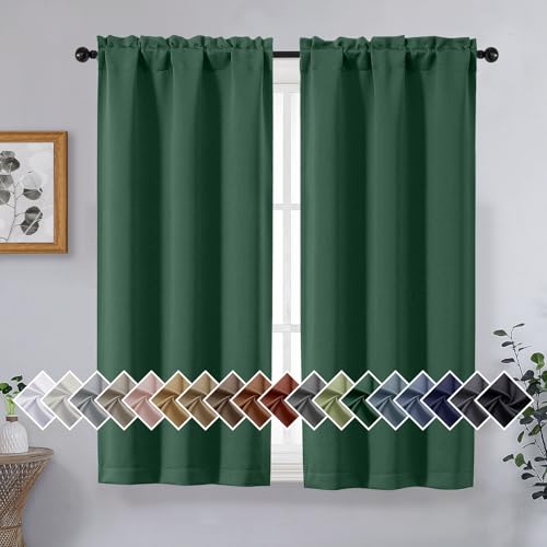 Image of Christmas Green Short Blackout Curtains for Bedroom 45 Inches Long 2 Panels Set, Solid Thermal Insulated Blackout Curtains, Energy Saving Soft Fabric Window Drapes, Rod Pocket, 2x40Wx45L Inches