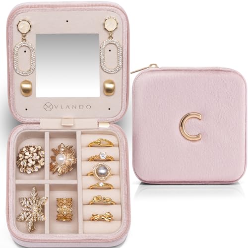 Vlando Travel Jewelry Case Organizer, Personalized Initial Jewelry Boxes for Women Girls, Travel Essentials for Birthday Gifts for Friend Teen Girls - Letter D, Velvet Pink D-pink