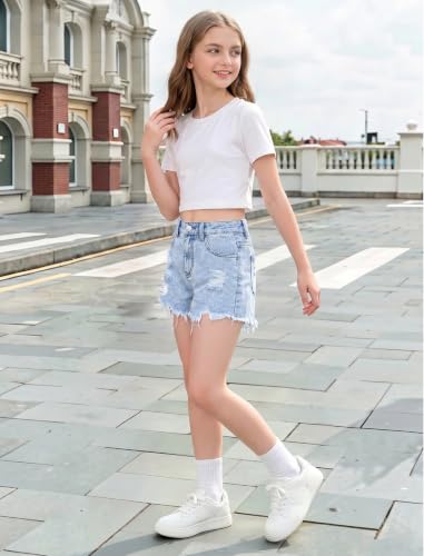 Image of oyyniis Jean Shorts for Teen Girls Ripped Raw Hem High Waist Straight Leg Cute Summer Y2K Denim Shorts 13Y-16Y