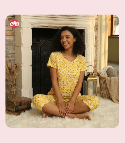 Image of ENJOYNIGHT Womens Pajama Sets Cotton Pj Set Short Sleeve Top With Capri Pants Sleepwear 2 Piece Lounge Set