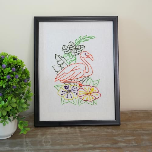 Image of picknMAKE Hand Cross Stitch Embroidery Kits for Beginners Adults with Cloth Fabric, Framed Pattern of Flamingo on White Fabric to do Embroidery with Instruction and All Material Included