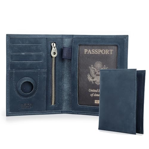 CONTACTS Portefeuille Passeport en Cuir véritable avec Blocage RFID pour Homme, Fente pour AirTag, Organisateur de Cartes, Pochette Mince pour Voyage en Famille, Bleu-S, Rétro