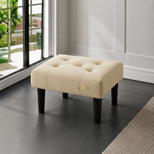 Image of Upholstered Foot Rest Ottoman Stool with Wooden Legs, Tufted Footstool for Living Room, Bedroom, Makeup Vanity, Entryway, Comfortable Footrest Bench, Modern Accent Ottoman (Creme)