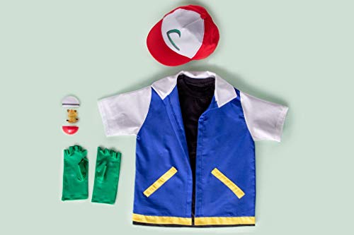 Conjunto Ash, Treinador de Pokemon - camisa azul, camiseta preta, boné, luvas e pokebola