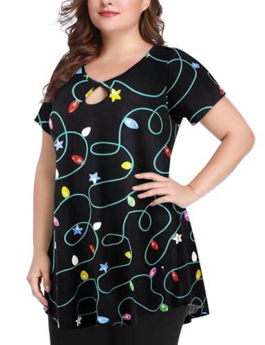MONNURO Blusa de manga corta para mujer, sexy, con abertura en la cerradura, para verano, talla grande, casual, holgada, Luz navideña colorida, 5X
