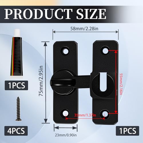 Schiebetürschloss, Türriegel Edelstahl 90°/180° Ohne Bohren for Türverriegelung Lnnen Rechtwinklige Schnalle mit Schraub & Kein Bohren-Kleber für Die Meisten Lnnen- und Außentüren und Fenste Schwarz