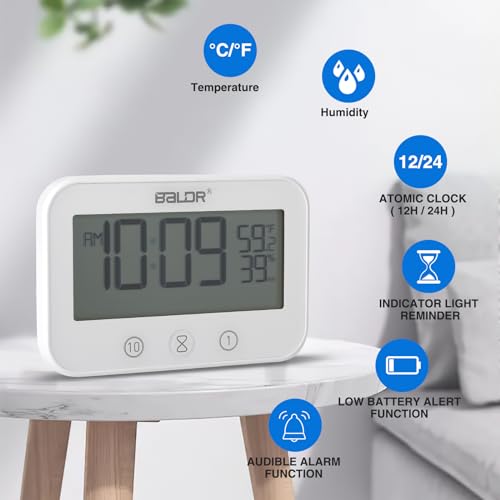 Badezimmer Uhr, LCD Digital Dusche Wecker Wasserdicht Badezimmeruhr mit Saugnapf- Duschuhr Duschtimer mit Hygrometer Temperatur, Countdown Timer für Dusche Küche 3 Montagemethoden