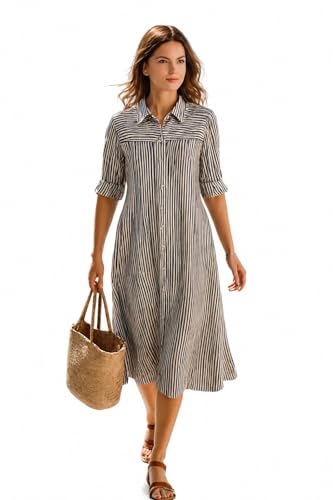 Image of Women's Summer Striped Midi Long Shirt Dress Casual Loose Short Sleeve Button Down Dress | Casual Outfit Wear Events, Date & Evening Look |Tunic Shirts for Women