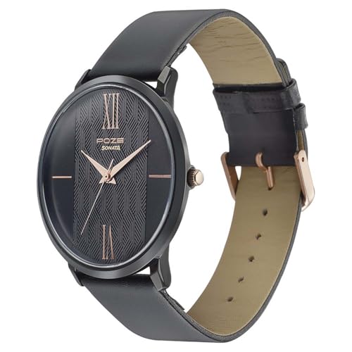 Image of Sonata Poze Quartz Analog Black Dial Leather Strap Watch for Men-SP70004KL02