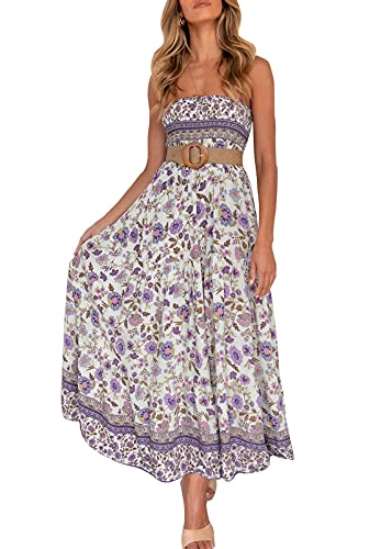 ZESICA Women s Summer Bohemian Floral Printed Strapless Beach Party Long Maxi Dress,Lavender,Small
