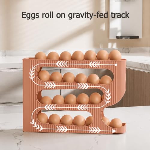 Image of 4-Tier Automatic Rolling Egg Dispenser for Refrigerator - Space-Saving Plastic Egg Holder, Holds Up to 30 Eggs, Roll-Down Design (Light Brown)