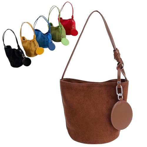 Suede Purse Round Coin Charm Suede Bucket Bag for Women Casual Shoulder Purse Single Strap Alt Vintage Shoulder Bags Daily