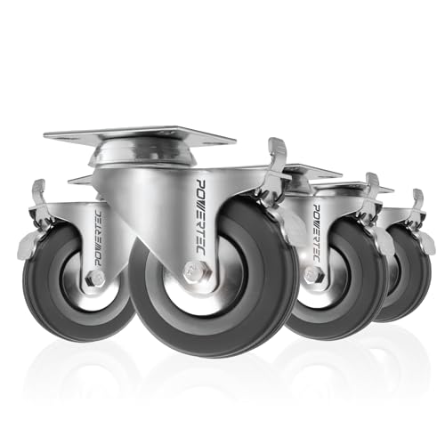 Powertec 17023-P4V 3 Inch Swivel Caster Wheels Set Of 4 With Brake & 640 Lbs Loads, Heavy Duty Plate Casters cover