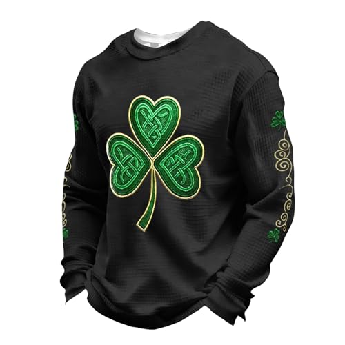 St. Patrick's Day Waffle Shirts for Men Long Sleeve Shamrock Flag Irish Top Plus Size Holiday Pullover Muscle Tee（1-Black,3X-Large）