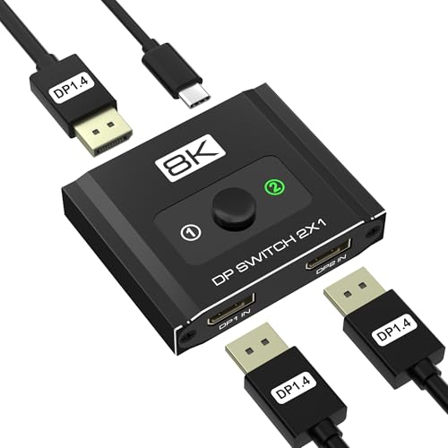 DisplayPort Switch 2 in 1 Out 8K@60Hz DP 1.4 Switcher Selector Box Unidirectional Display Port Switcher for Dual PCs & Gaming Consoles 4K@144Hz DP Switch with DSC Support (DP Cables Not Included)