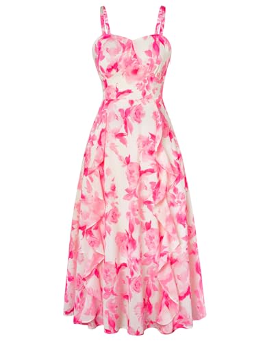 Image of Belle Poque Sun Dresses for Women Spring Summer Floral Midi Flowy Spaghetti Ruffle Wedding Guest Tea Party Dress