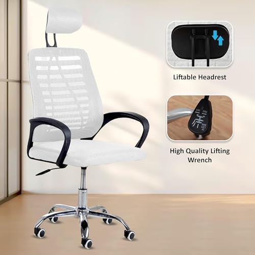 Image of Casa Copenhagen,Mesh Office Desk,Rocking Ergonomic Computer Chair Adjustable High with Headrest and Comfortable Armrest Swivel Chair - Snow White & Black Handle