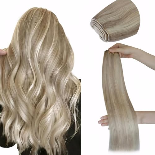 LaaVoo Hand Tied Weft Hair Extensions Human Hair Blonde Highlights Real Hair Extesnions Sew in Double Weft Blonde Sew in Hair Extensions Real Human Hair 18 Inch 100g/pack