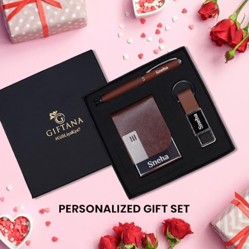 Image of Giftana Personalized Keychain with Pen and Card Holder with Name, 3 in 1 Customized Corporate Gift Set for Men and Women, Personalised Gifts for Employee (Brown)