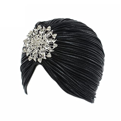 ILUFAM Gorro turbante vintage para mujer con diamantes de imitación, decoración de flores, gorro para disfraz de Gatsby de los años 20, fiesta de cóctel, Negro, Talla única