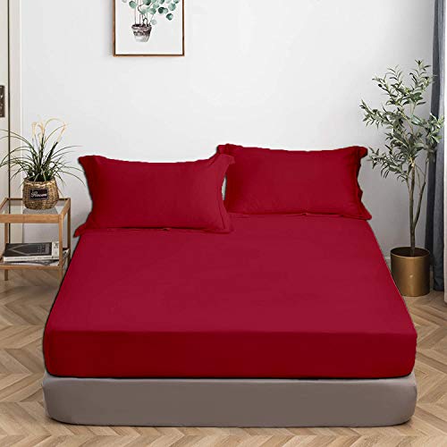 Image of All Around Brushed Microfiber King Fitted Sheet - (78 x 78) Inches - 10'' Deep Pocket Elastic Fitted Bedsheet + 1 Pillow Cover 400 Series Extra Soft & Easy Fit - Burgundy