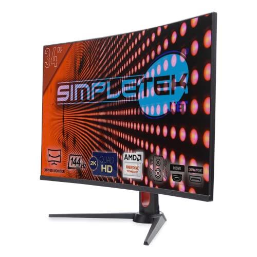 SIMPLETEK Moniteur incurvé 34', 2K, 144Hz, QHD 2560x1440, Freesync, Overboost | Noir, LED rouge à l'arrière