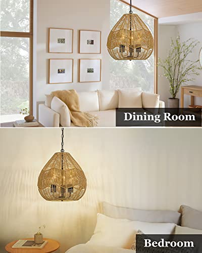 Elyona 3-Light Boho Chandelier, 15.7” Woven Pendant Light Rattan Basket Shade, Coastal Hanging Light Fixtures With Adjustable Iron Chain For Dining Room Kitchen Island Living Room Bedroom Entryway #TOP3