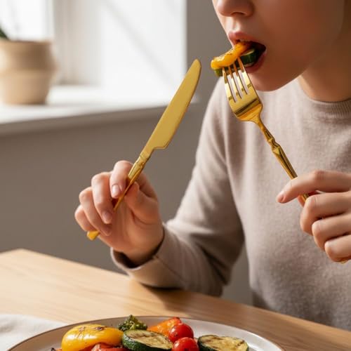 Image of 30 Pcs Gold Cutlery Set for Dining Table the Perfect Lightweight Silim Handle Tableware Including Dinner Spoon, Dinner Fork, Dinner Knife, Dessert Spoon & Dessert Fork
