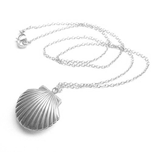 AHIER Sea Shell Locket, Mermaid Valentine Necklace, Beach Gold Tone Brass, Little Shell Locket Jewelry (Silver)