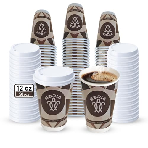 SBRIA 50 Pack 12 oz Double Wall Paper Coffee Cups with Lids & Sleeves Leak-Free Insulated Disposable To-Go Cups for Hot & Cold Drinks Perfect for Office, Home, Café & Events