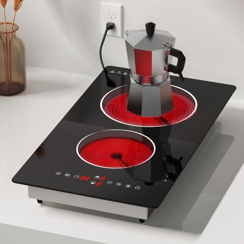 Argyolas Ceramic Hob 2 Zone,2 Rings Electric Cooker, Domino Portable Double Electric Hobs,2 Burner Hot Plates for Cooking, 3000W Hob Double Ring Cooktop,ceramic hob,table top hob