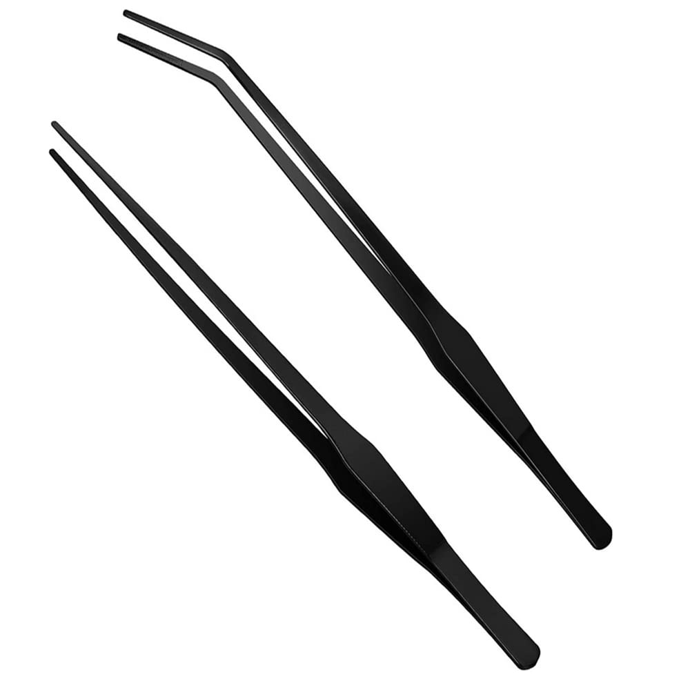 Jporshu Black Aquarium Tweezers Extra Long 38Cm，2 Pack Stainless Steel Straight And Curved Tweezers Set For Spider, Snakes, Lizards, Rose Hair Tarantula Fish Tank (Black)