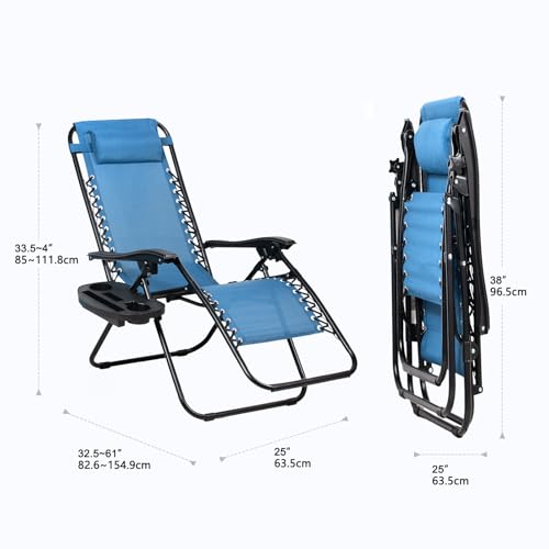 Nazhura Set of 2 Relaxing Recliners Patio Chairs Adjustable Steel Mesh Zero Gravity Lounge Chair Beach Chairs with Pillow and Cup Holder (Sky Blue)