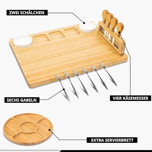 Kicinn Servierplatte aus Bambus – 35 x 28 cm Käseplatte Set mit 2 Dip-Schälchen, 4 Käsemessern, 6 Gabeln & runder Mini-Servierplatte – robust & nachhaltig, ideal für Käse & Snacks