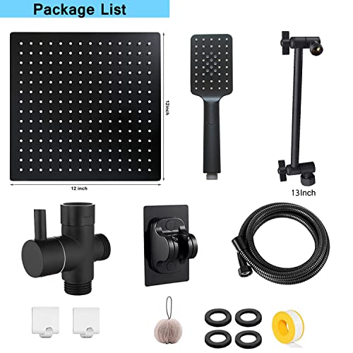 Shower Head,12 '' High Pressure Rain/Rainfall Shower Head/Handheld Showerhead Combo,13'' Brass Adjustable Extension Arm,3-Spray,78-Inch Hose Adhesive Showerhead Holder,Black Shower Heads #TOP7