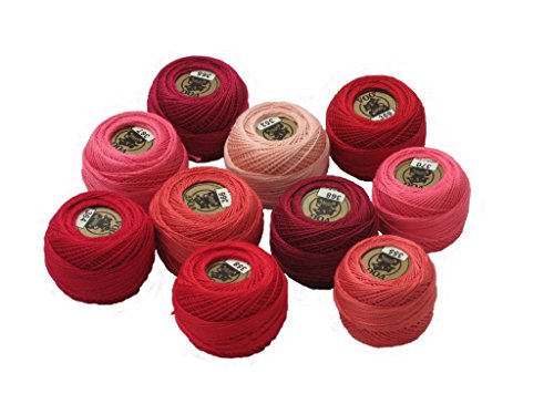 Vog© Perle Cotton Size 8 Embroidery Threads - Set of 10 Balls (10gr Each) - Red, Bordo and Peach Shades (Column No. A)