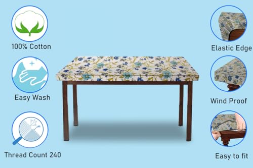 Image of The Furnishing Tree Elastic Cotton Rectangular Dining Table Cover 30x48 in Inches Floral Blue Leaf on offwhite Base