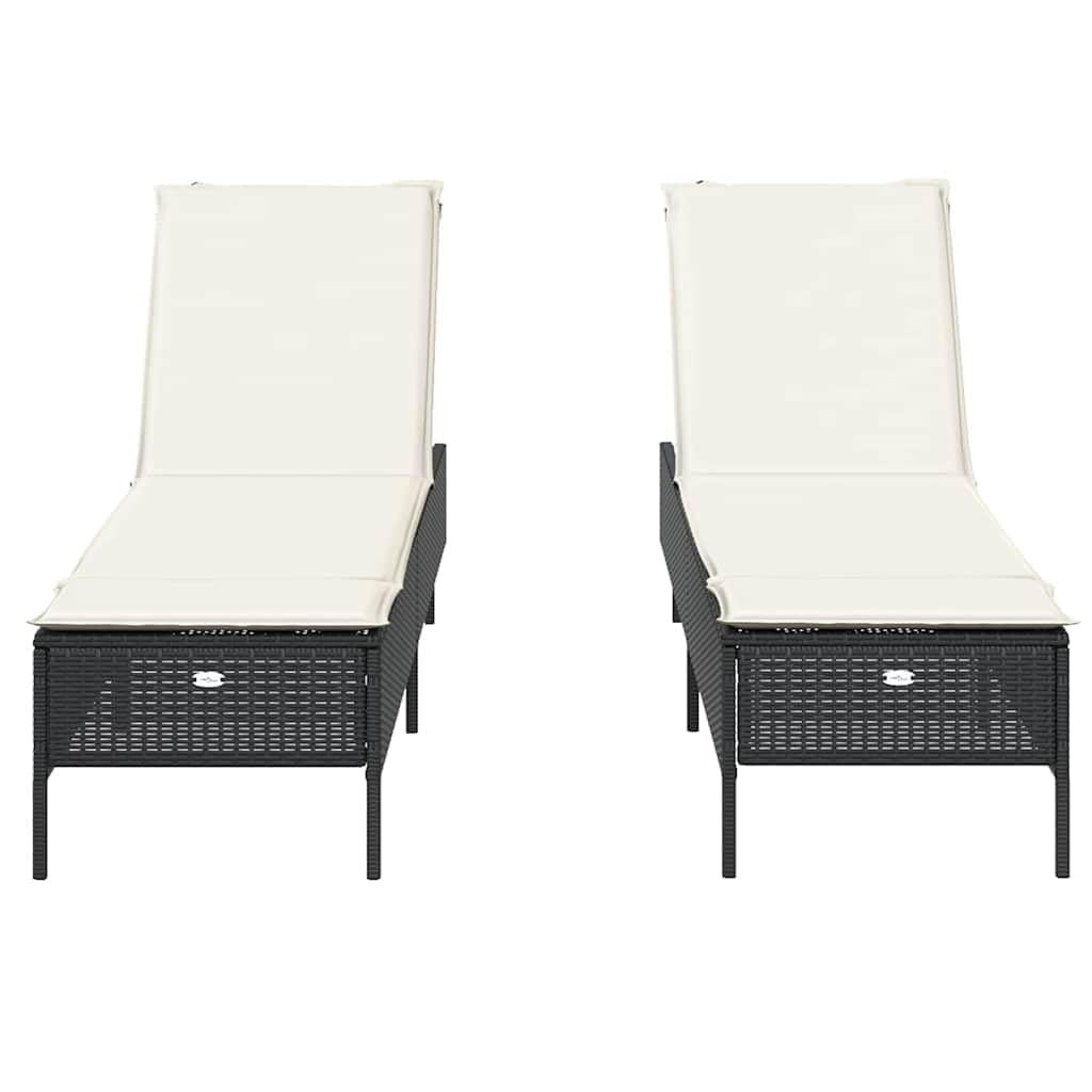 Tumbonas con cojines, 2 unidades, color negro, resina trenzada, chaise longue de jardín, respaldo ajustable en 5 posiciones, baño de sol, muebles para playa, terraza, balcón